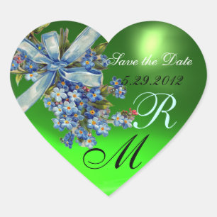 GLÖMMA MIG NOTS MONOGRAM ,BRÖLLOPSFESTENS grönt bl Hjärtformat Klistermärke