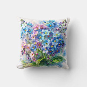 Glömt-Mig-Intet Blå och Rosa Blommor Akvarell Kudde