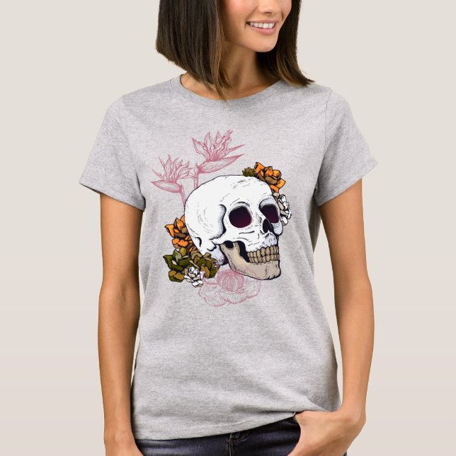 Gloomy Skull med Strelitzia-blommor T-Shirt (Framsida)