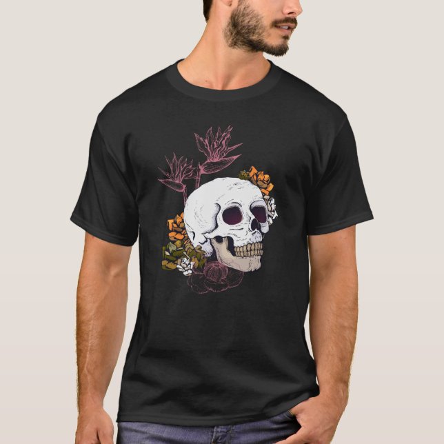 Gloomy Skull- och Strelitzia-blommor T Shirt (Framsida)