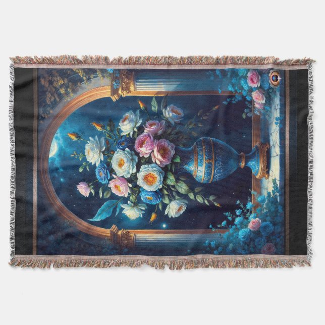 Glorig Blommigt Bouquet under ett månbelyst Himmel Filt (Framsidan)