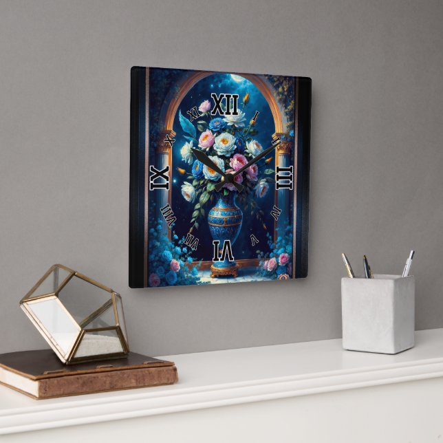 Glorig Blommigt Bouquet under ett månbelyst Himmel Fyrkantig Klocka (Kontor)