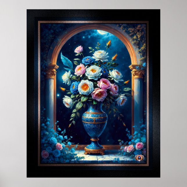 Glorig Blommigt Bouquet under ett månbelyst Himmel Poster (Framsidan)