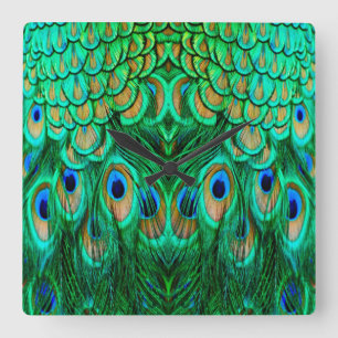 Gloriga Peacock Feathers Fyrkantig Klocka