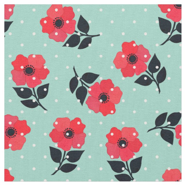 Glorious Red Flowers Polka dots Mönster Tyg (Närbild)