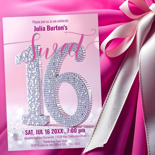 Gloristisk Rosa och Diamond Sweet 16 Firande Inbjudningar (Skapare uppladdad)