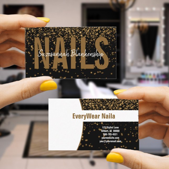 Glosing Guld Glitter on Black Anpassningsbar Profe Visitkort (Simply add your business information for the front and back on this chic black and gold  card. )