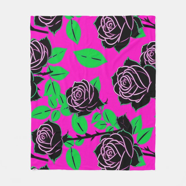 Glossy Black Roses On A Hot Pink Background Fleecefilt (Framsidan)
