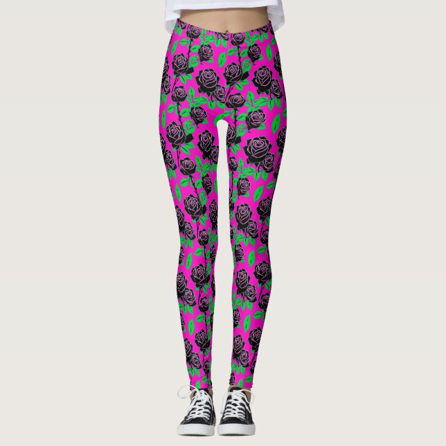 Glossy Black Roses On A Hot Pink Background Leggings (Framsida)