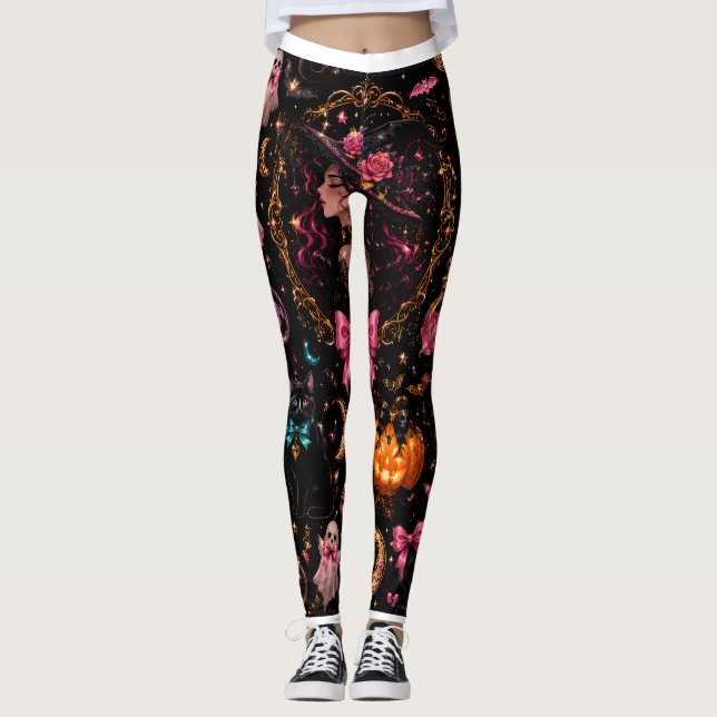 Glossy Coquette Witch Halloween Pattern Leggings (Framsida)
