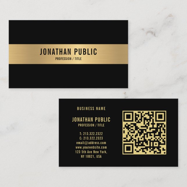 Glossy för QR-Professionellen Black & Guld Elegant Visitkort (Fram/baksida)