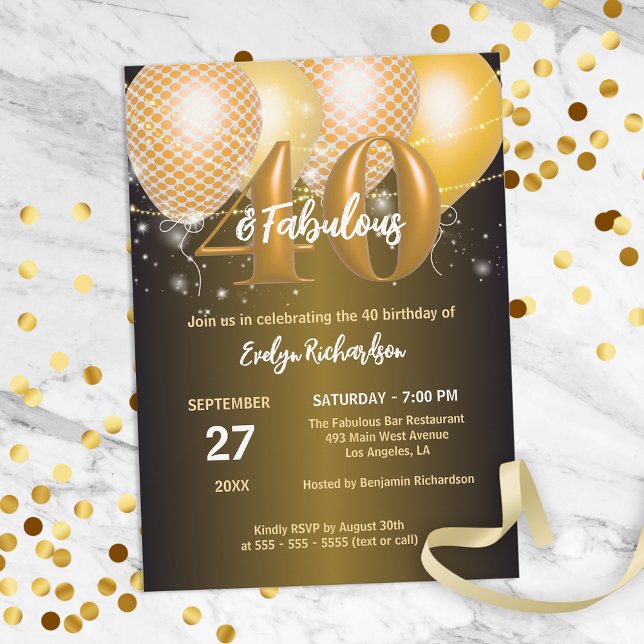 Glossy Guld Balloons Fabulous 40:e födelsedagen Pa Inbjudningar (Skapare uppladdad)