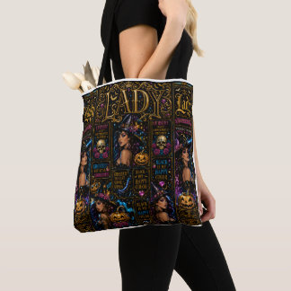Glossy Halloween Lady Witch Collage Tote Bag Tygkasse