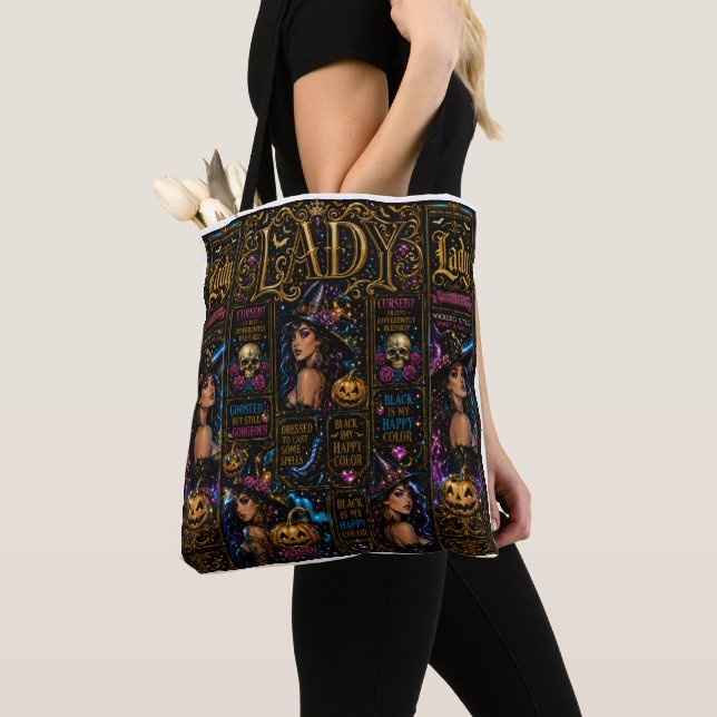 Glossy Halloween Lady Witch Collage Tote Bag Tygkasse (Närbild)