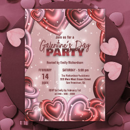 Glossy Hearts with Sparkles Galentine's Day Party Inbjudningar