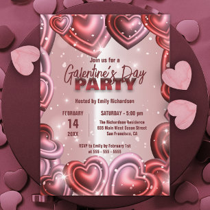 Glossy Hearts with Sparkles Galentine's Day Party Inbjudningar