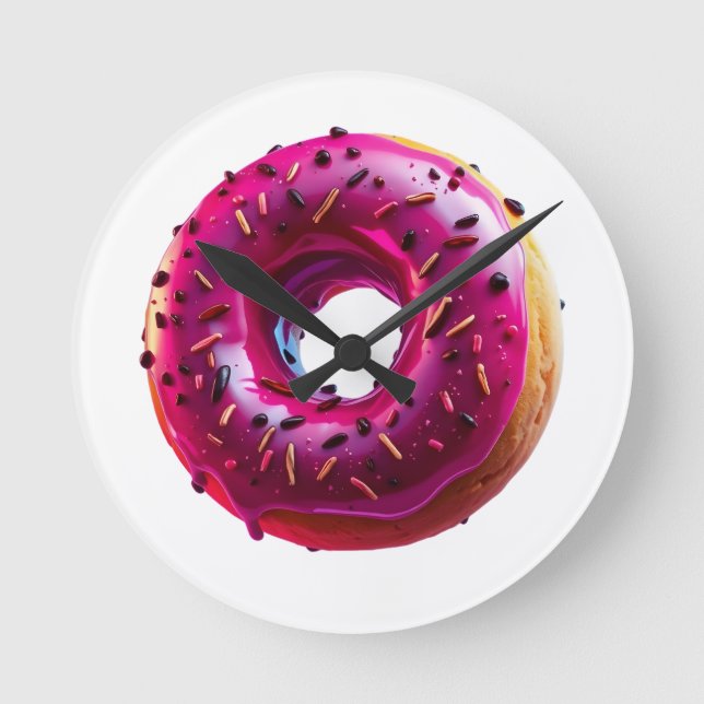 Glossy Pink Donut with Dark Sprinkles Rund Klocka (Framsida)
