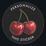 Glossy Red Cherries Black Retro Party Runt Klistermärke<br><div class="desc">Glossy Red Cherries Black Retro Party Stickers. (Bakgrunden färg kan ändras till valfri färg som du vill använda färg-väljaren.)</div>
