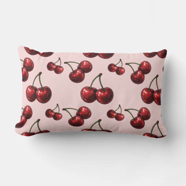 Glossy Red Cherries Rosa Retro Glam Lumbarkudde (Framsida)
