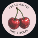 Glossy Red Cherries Rosa Retro Party Runt Klistermärke<br><div class="desc">Glossy Red Cherries Rosa Retro Party Stickers. (Bakgrunden färg kan ändras till valfri färg med hjälp av väljaren färg.)</div>