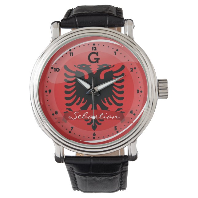 Glossy Round Albanian Flagga Armbandsur (Framsida)