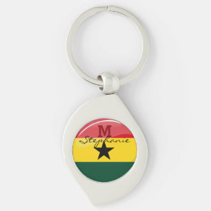 Glossy Round Ghanian Flagga Swirl Silverfärgad Nyckelring
