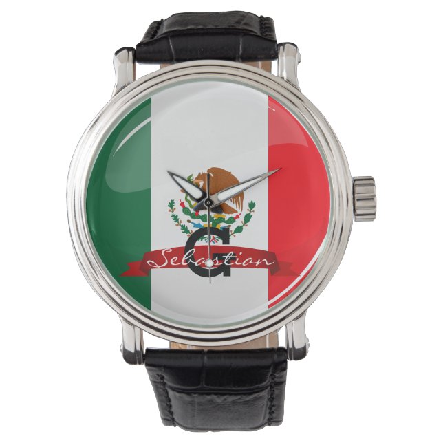 Glossy Round Mexican Flagga Armbandsur (Framsida)