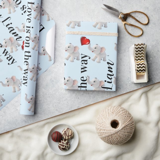 Glossy Wrapping Paper Blue Elephant Red Hearts  Presentpapper (Hantverk)