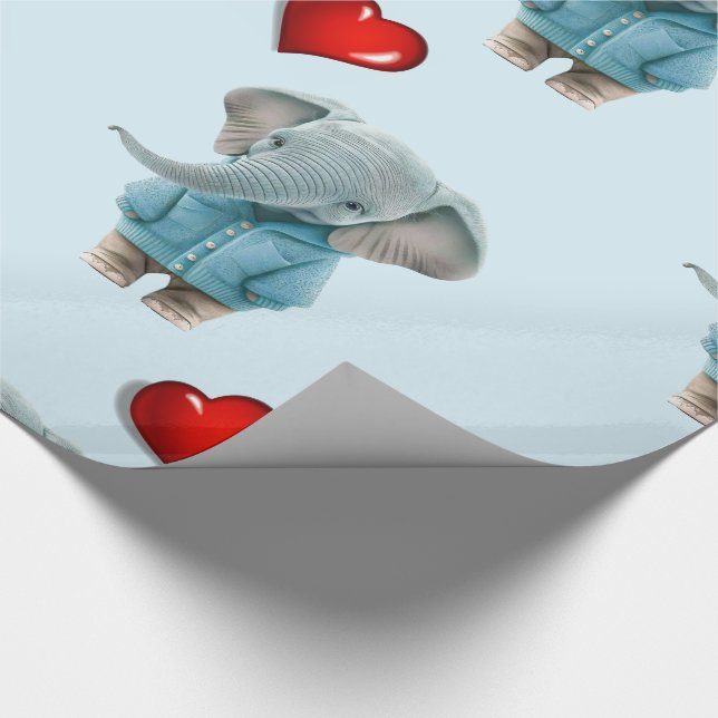 Glossy Wrapping Paper Blue Elephant Red Hearts  Presentpapper (Hörn)