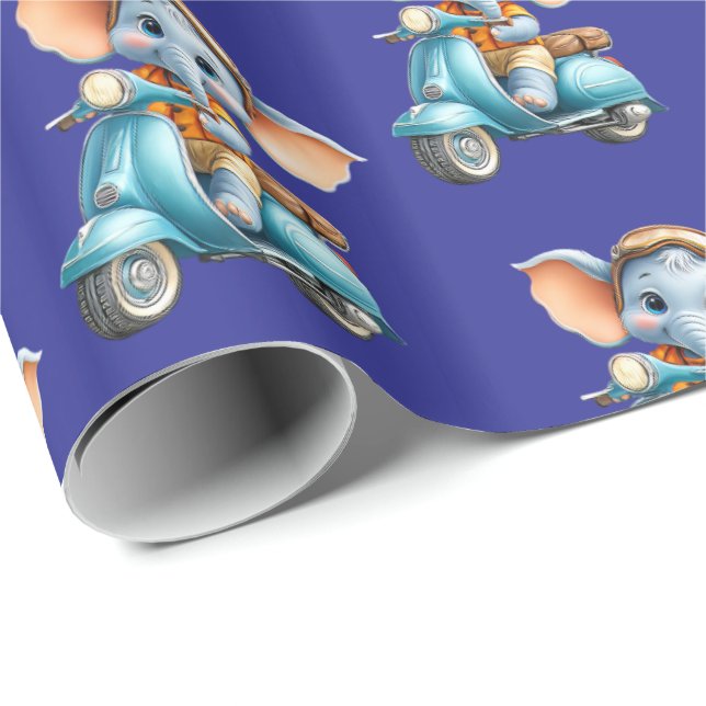 Glossy Wrapping Paper Blue Elephant Scooter  Presentpapper (Rullad Hörn)