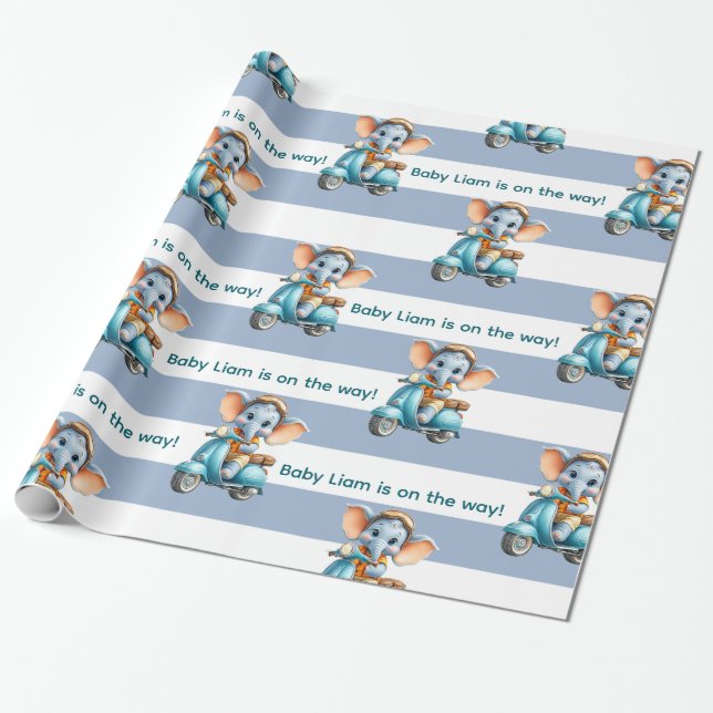 Glossy Wrapping Paper Blue & White Stripe Elephant Presentpapper (Utrullad)
