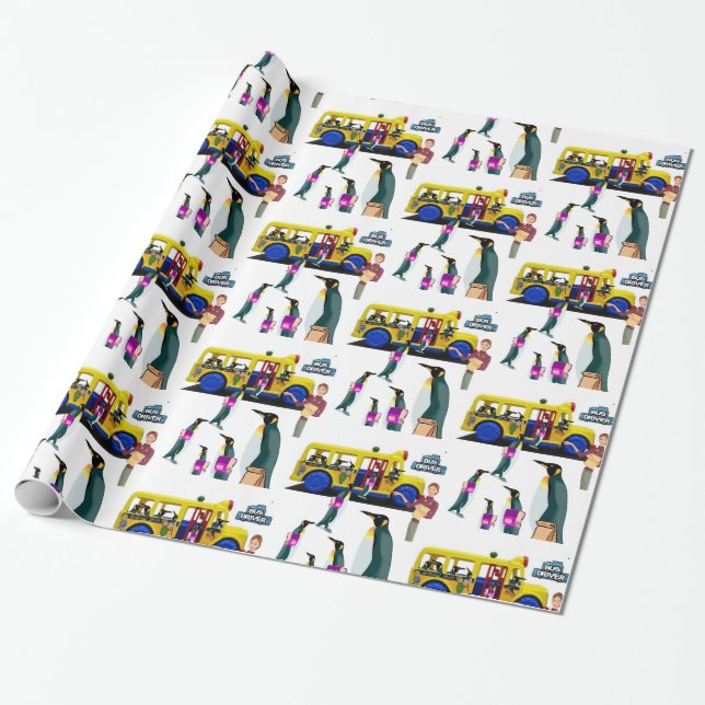 Glossy Wrapping Papper, Back to school Penguin Bus Presentpapper (Utrullad)
