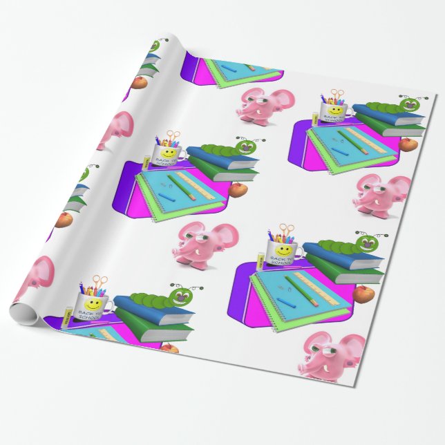Glossy Wrapping Papper, Back to school Rosa Gris Presentpapper (Utrullad)