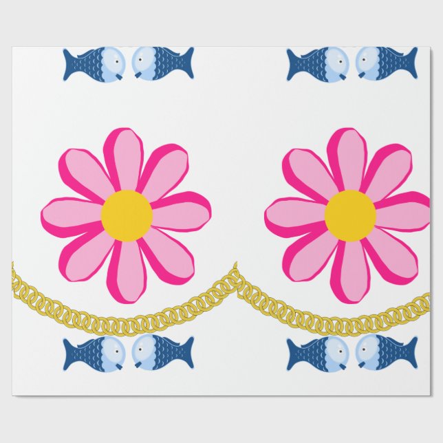 Glossy Wrapping Papper, Blommigt Guld Chain Fish Presentpapper (Platt)