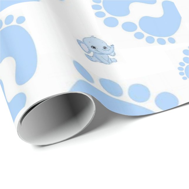 Glossy Wrapping Papper Blue Baby Feet Boy Elephant Presentpapper (Rullad Hörn)