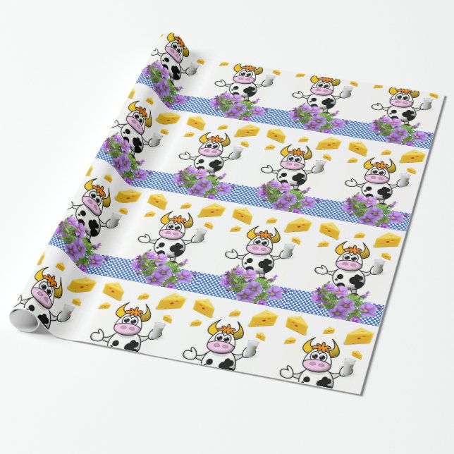 Glossy Wrapping Papper, Cow Play Cheese Blommigt Presentpapper (Utrullad)