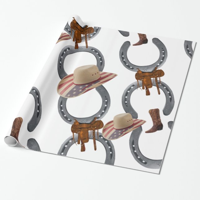 Glossy Wrapping Papper, Cowboy Saddle Horse Shoe Presentpapper (Utrullad)