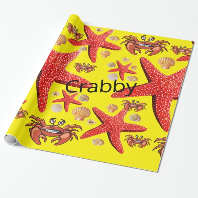 Glossy Wrapping Papper, Crabs Starfish Red Gult Presentpapper (Utrullad)