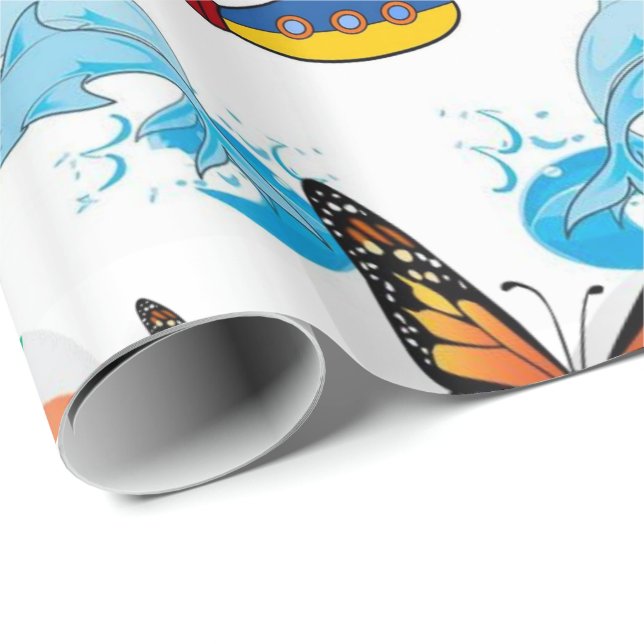 Glossy Wrapping Papper Dolphin Butterfly Presentpapper (Rullad Hörn)