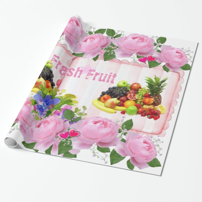 Glossy Wrapping Papper, Fruit Rosa ros Blommigt Presentpapper (Utrullad)