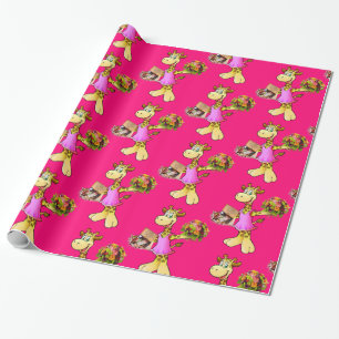 Glossy Wrapping Papper, Giraffe Blommigt Rosa Presentpapper