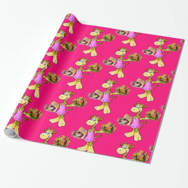 Glossy Wrapping Papper, Giraffe Blommigt Rosa Presentpapper (Utrullad)