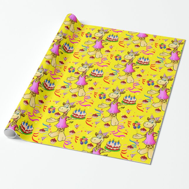 Glossy Wrapping Papper, Giraffe Grattis på födelse Presentpapper (Utrullad)