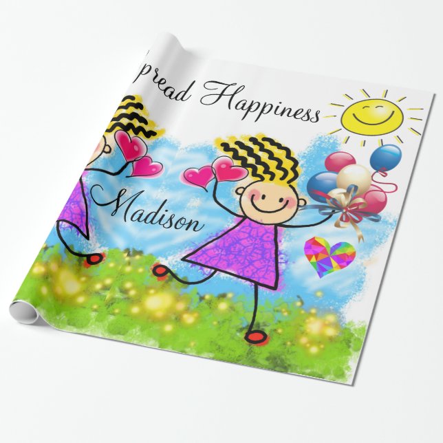 Glossy Wrapping Papper, Girl Balloons Lycklig Hear Presentpapper (Utrullad)