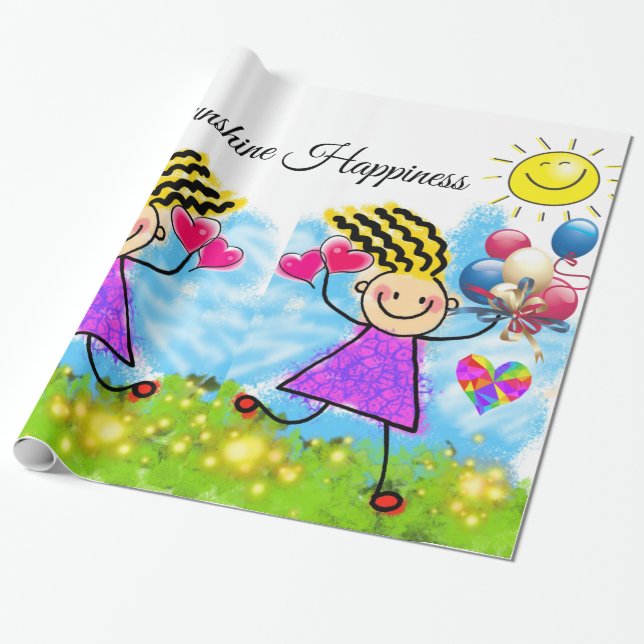 Glossy Wrapping Papper, Girl Sol Balloons Blommigt Presentpapper (Utrullad)