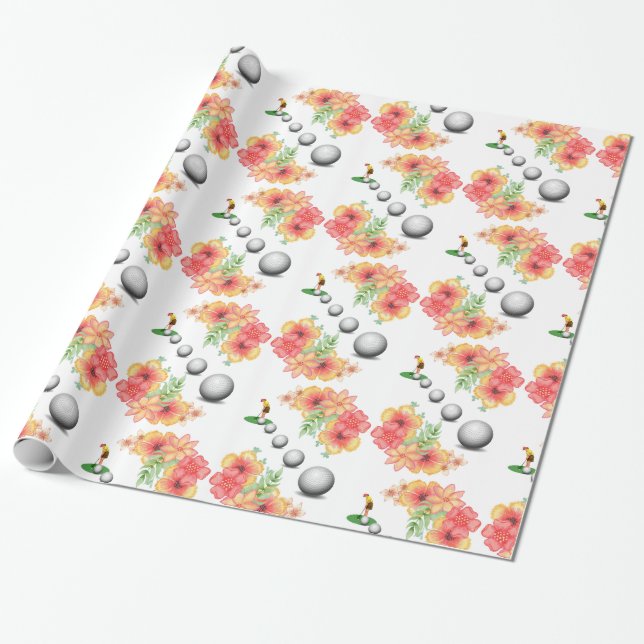 Glossy Wrapping Papper, Golf Bollar Golfer Blommig Presentpapper (Utrullad)