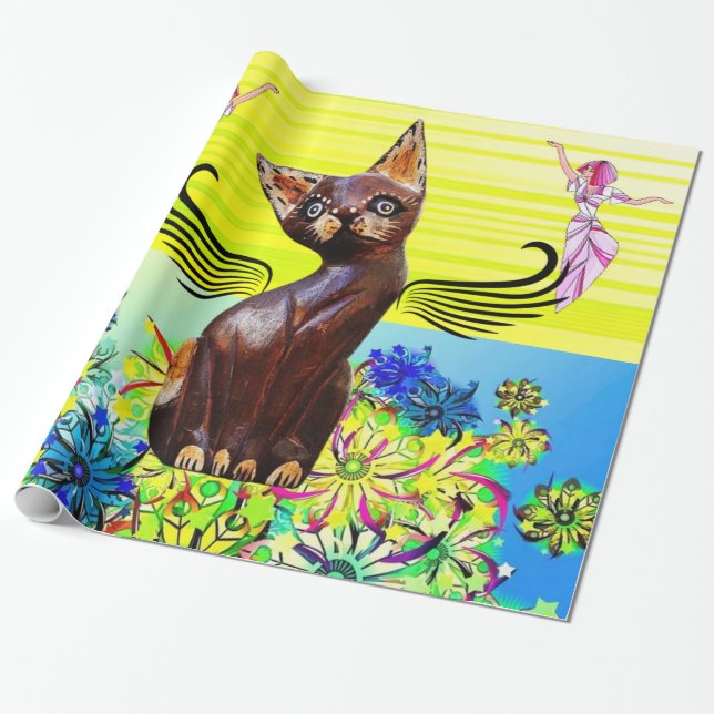 Glossy Wrapping Papper, Kitten Cat Blommigt Fairy Presentpapper (Utrullad)