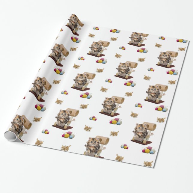 Glossy Wrapping Papper, Kitten Cat Condo Yarn Presentpapper (Utrullad)