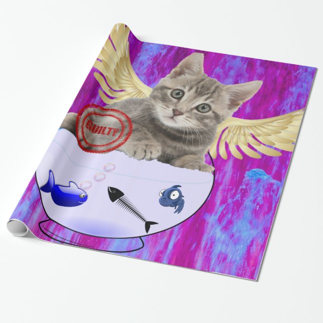 Glossy Wrapping Papper, Kitten Fish Guilty Presentpapper (Utrullad)