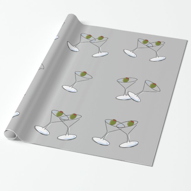 Glossy Wrapping Papper, Martini Glasses Grått Presentpapper (Utrullad)